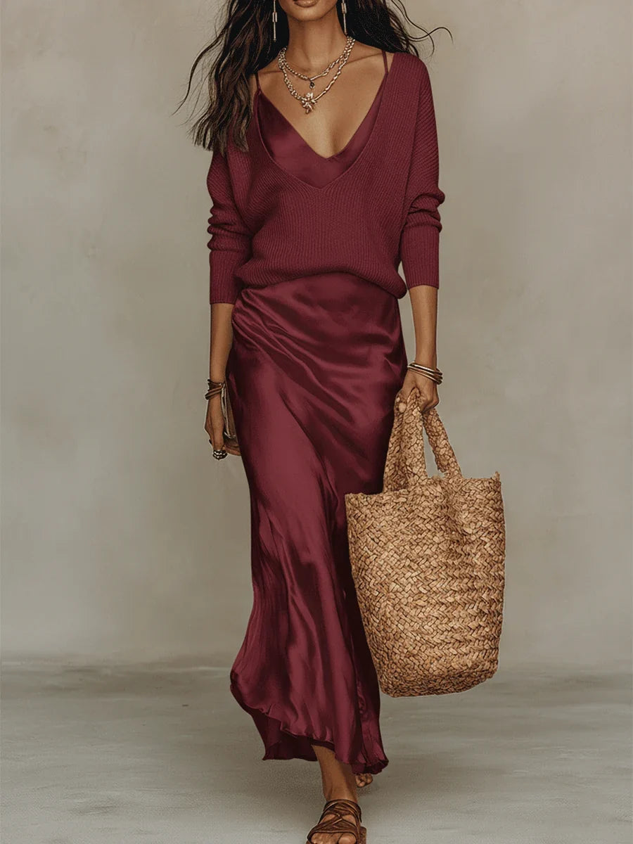 Ivory Knit & Satin Midi Set