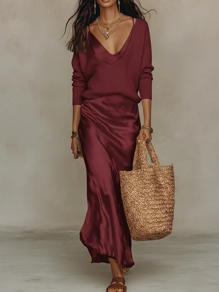 Ivory Knit & Satin Midi Set