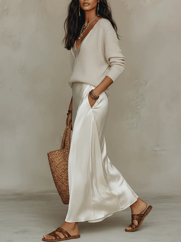 Ivory Knit & Satin Midi Set
